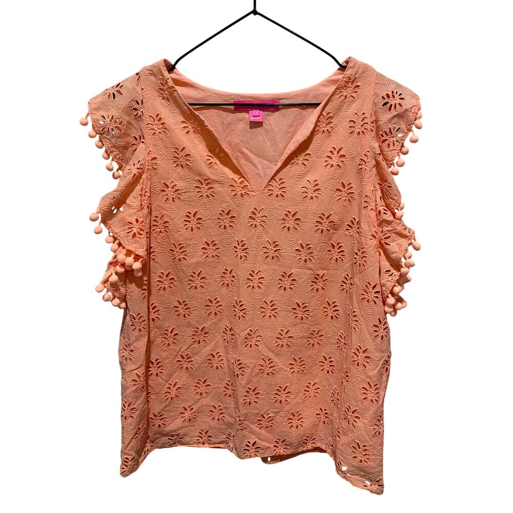Lilly Pulitzer Astara Top Palm Tree Eyelet in Peach Flamingo Sz S Preppy